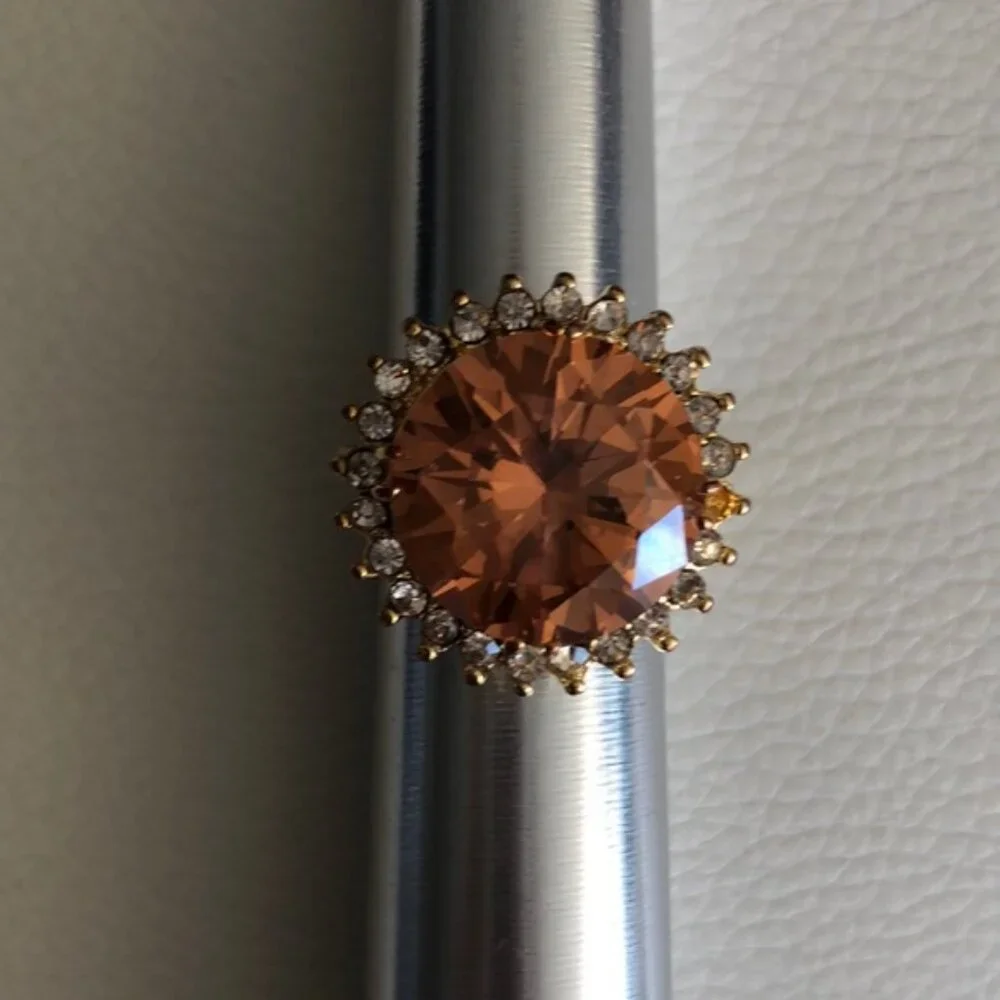 Cocktail Ring Gold Plated w Round Champagne Stone & Surround CZ Stones Sz.7.25